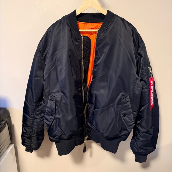 Alpha Industries Black Bomber Jacket with Orange Lining - Picture 1 of 4